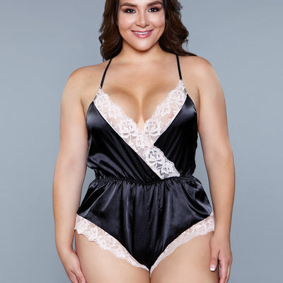 Be Wicked 1868 Black Pink Satin Lace Romper with Plunging Neckline front view model 2