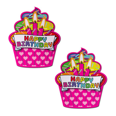 colorful cupcake shaped nipple covers with candles and "happy birthday" text
