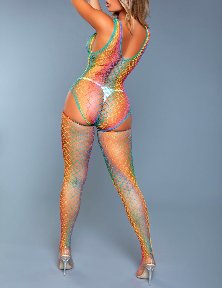 Be Wicked 2056 Rainbow 2 Piece Wide Fishnet Bodysuit With Matching Thigh highs