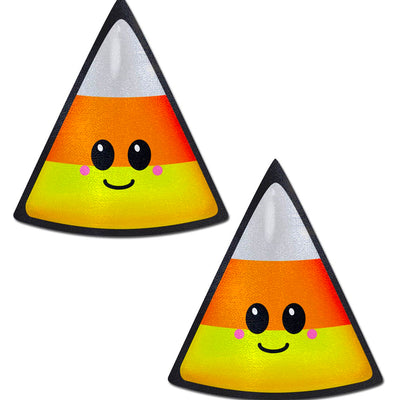 triangular candy corn nipple covers with cute smiley face