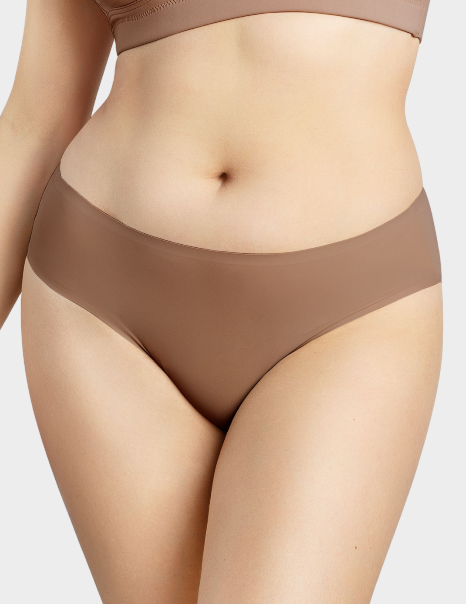 Front view of a model wearing Parfait Bonded hipster panty in mid nude