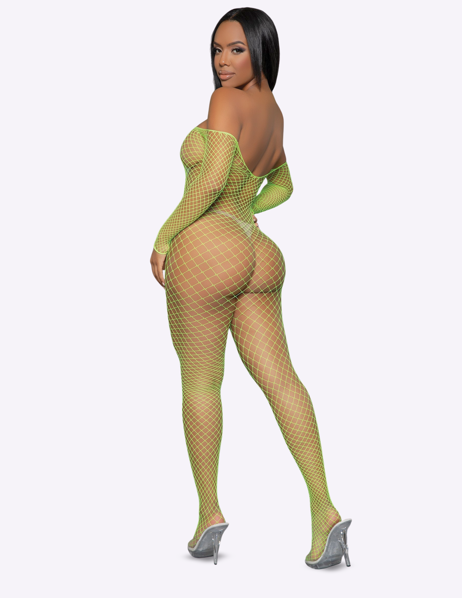 Model wearing a green fishnet outfit on a white background