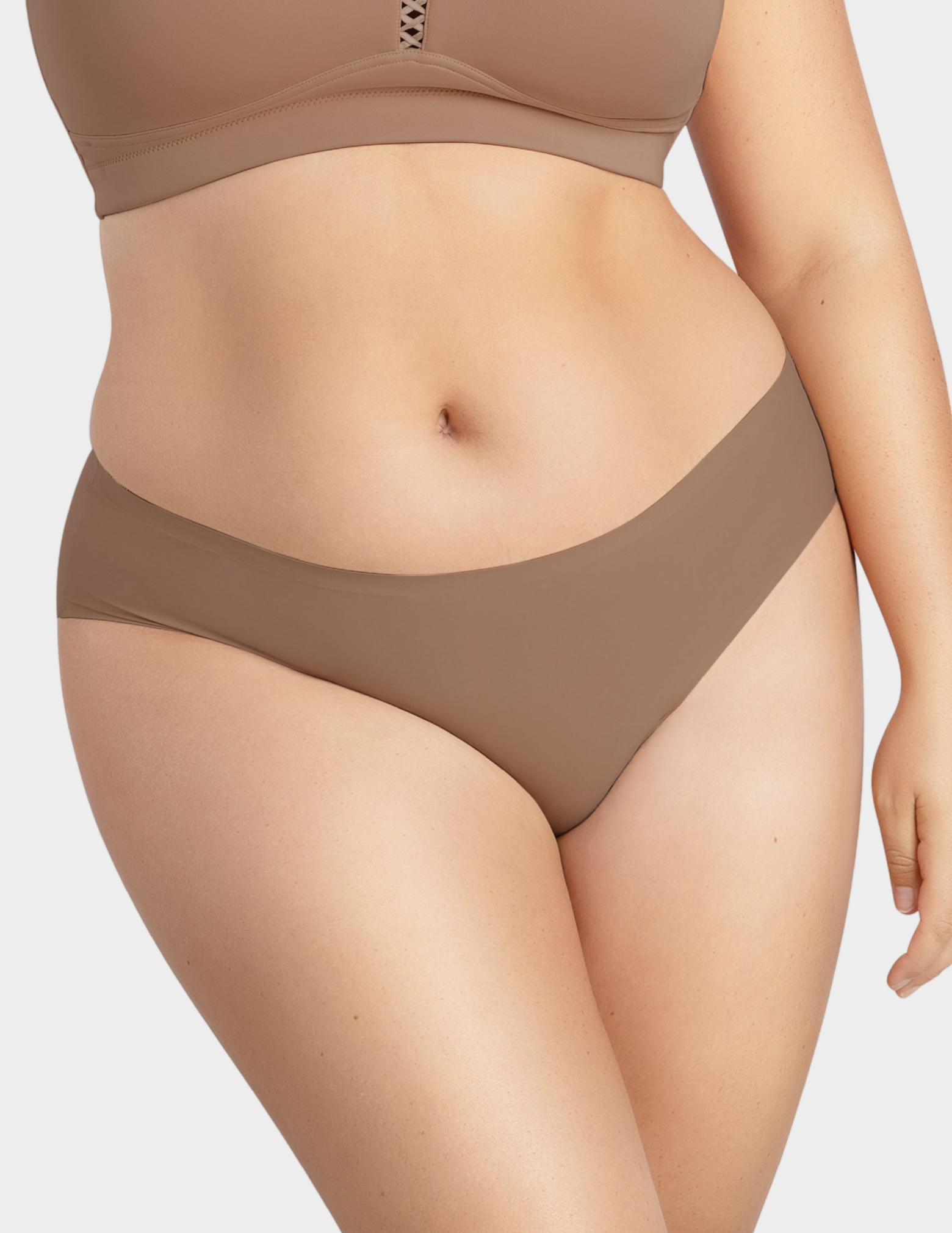 Front view of a model wearing Parfait Bonded hipster panty in mid nude