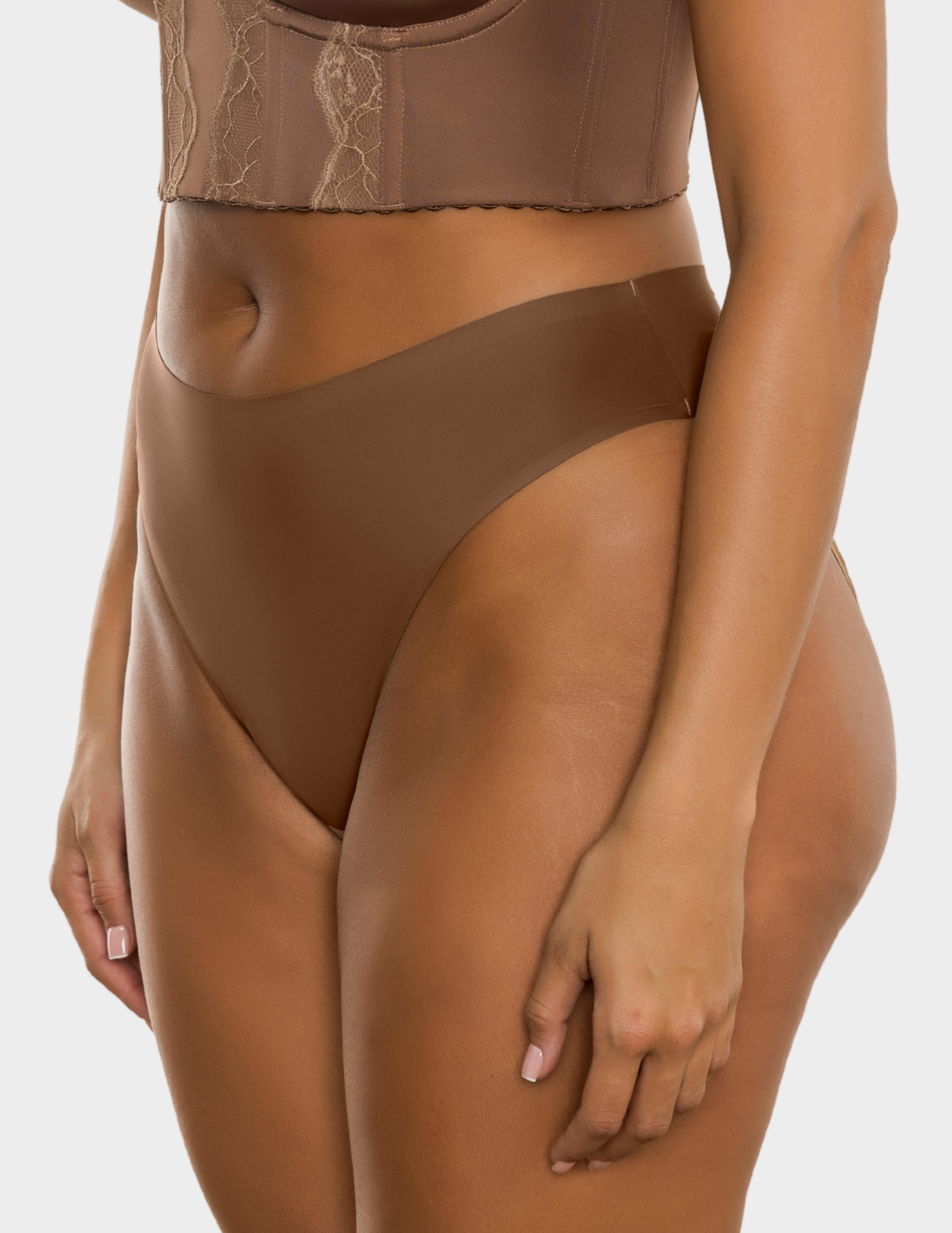 Side view of a model wearing Parfait Bonded French cut panty in Mid Nude