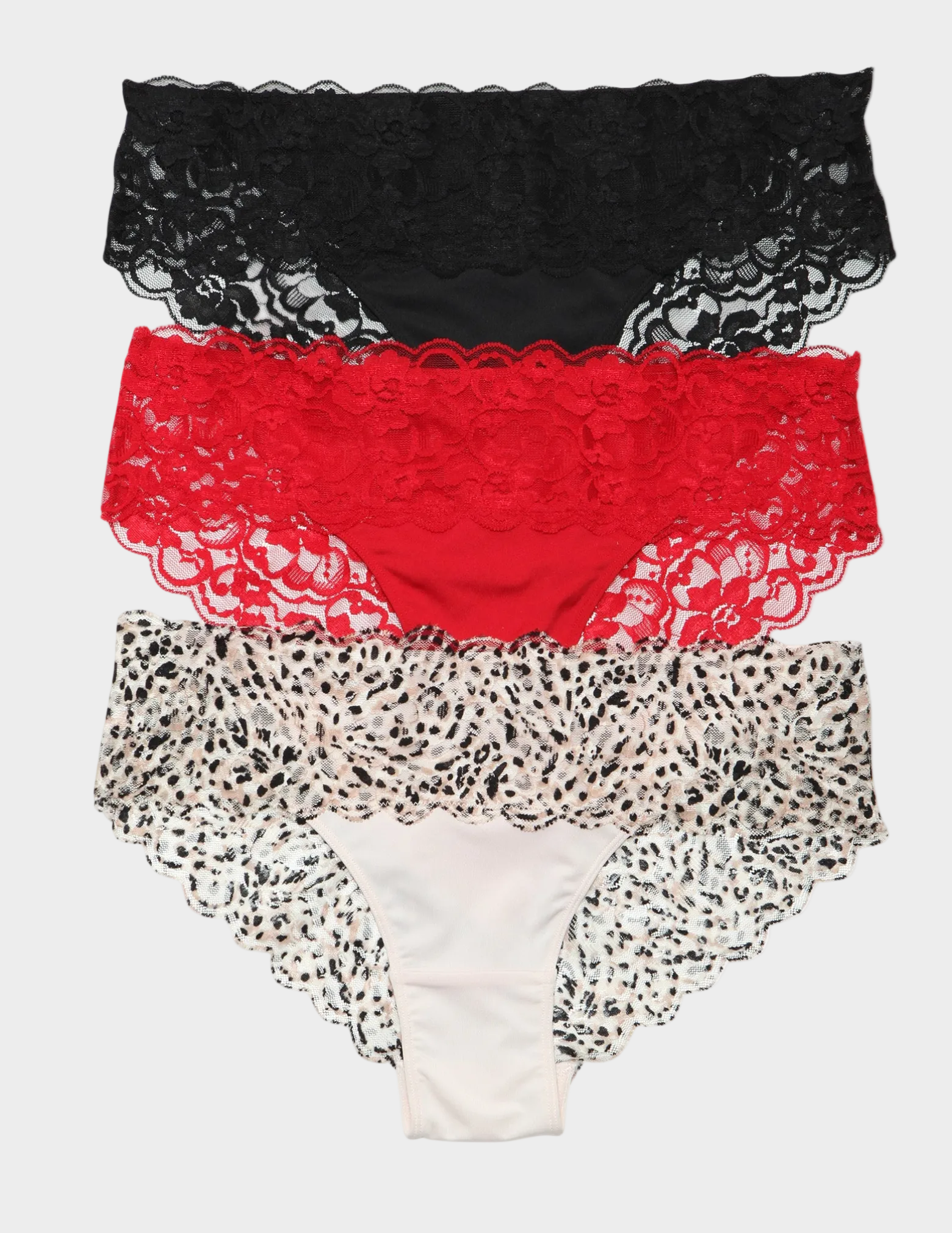 Three pairs of underwear with lace trim in black, red, and leopard print on a white background.