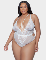 Front view of a model wearing a white lace bodysuit