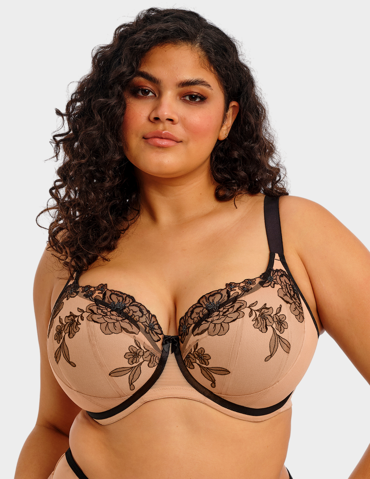 Front view of a model wearing Elomi Teagan padded balconette bra in café au lait