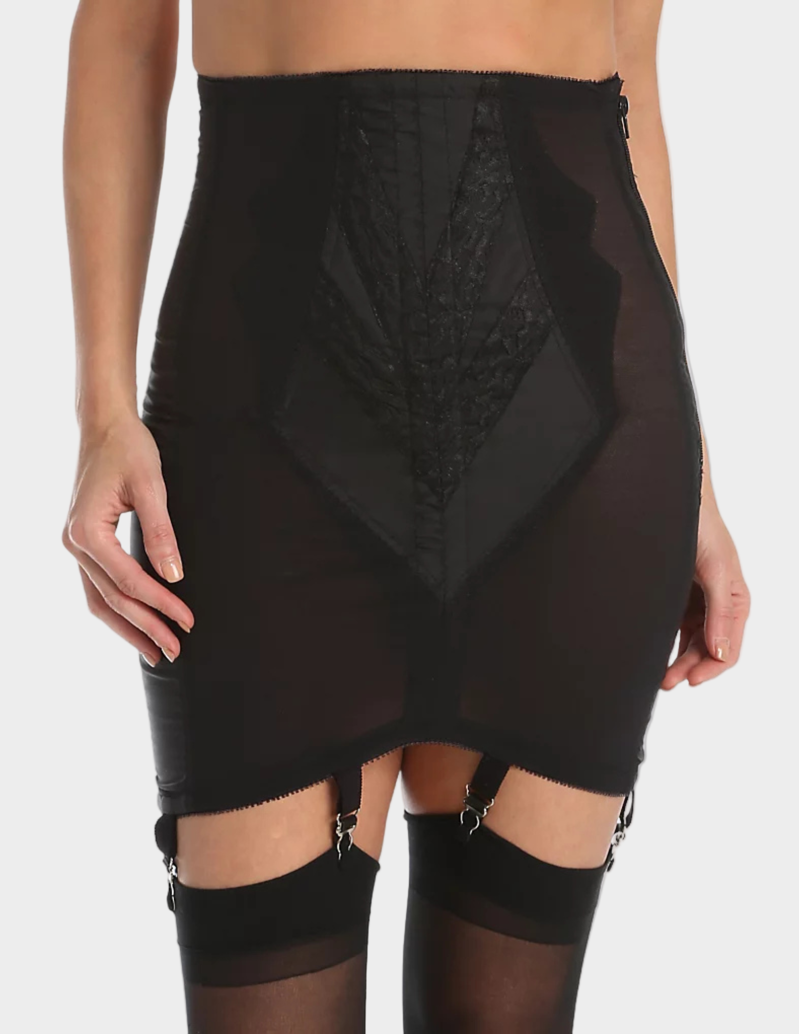 front view of a model wearing black Rago 1294 open bottom girdle