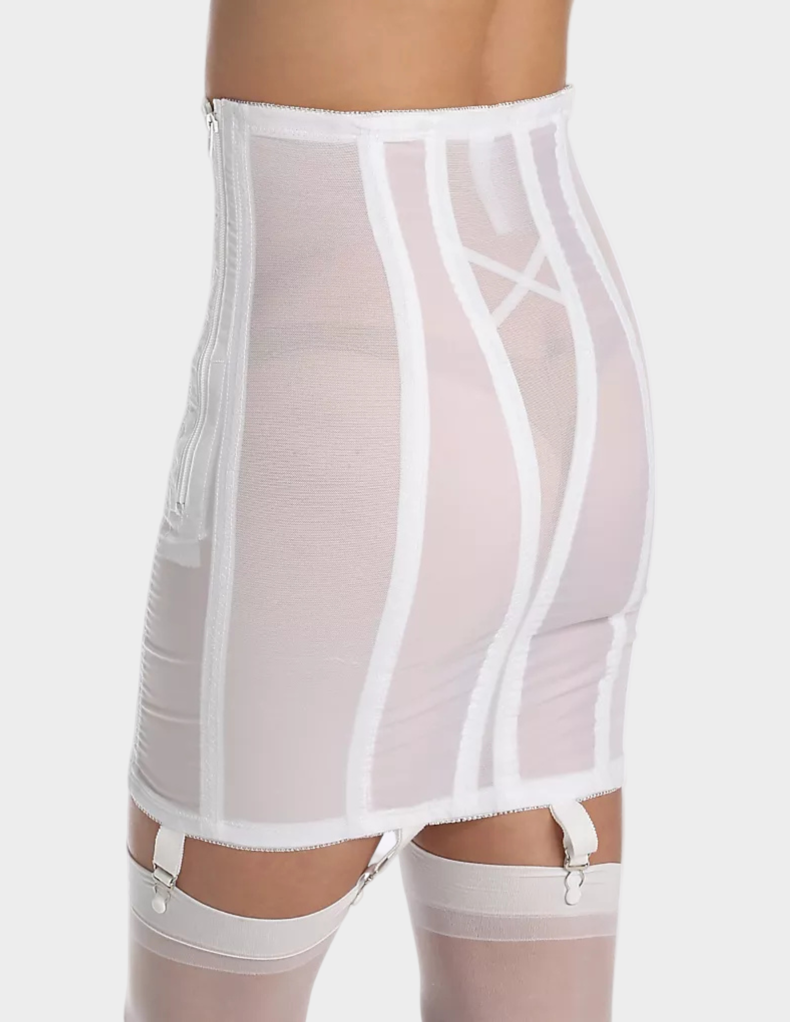 back view of a model wearing white Rago 1294 open bottom girdle