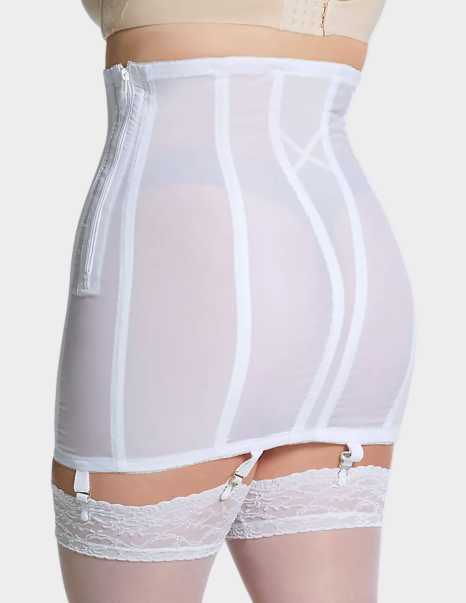 back view of a plus size model wearing white Rago 1294 open bottom girdle