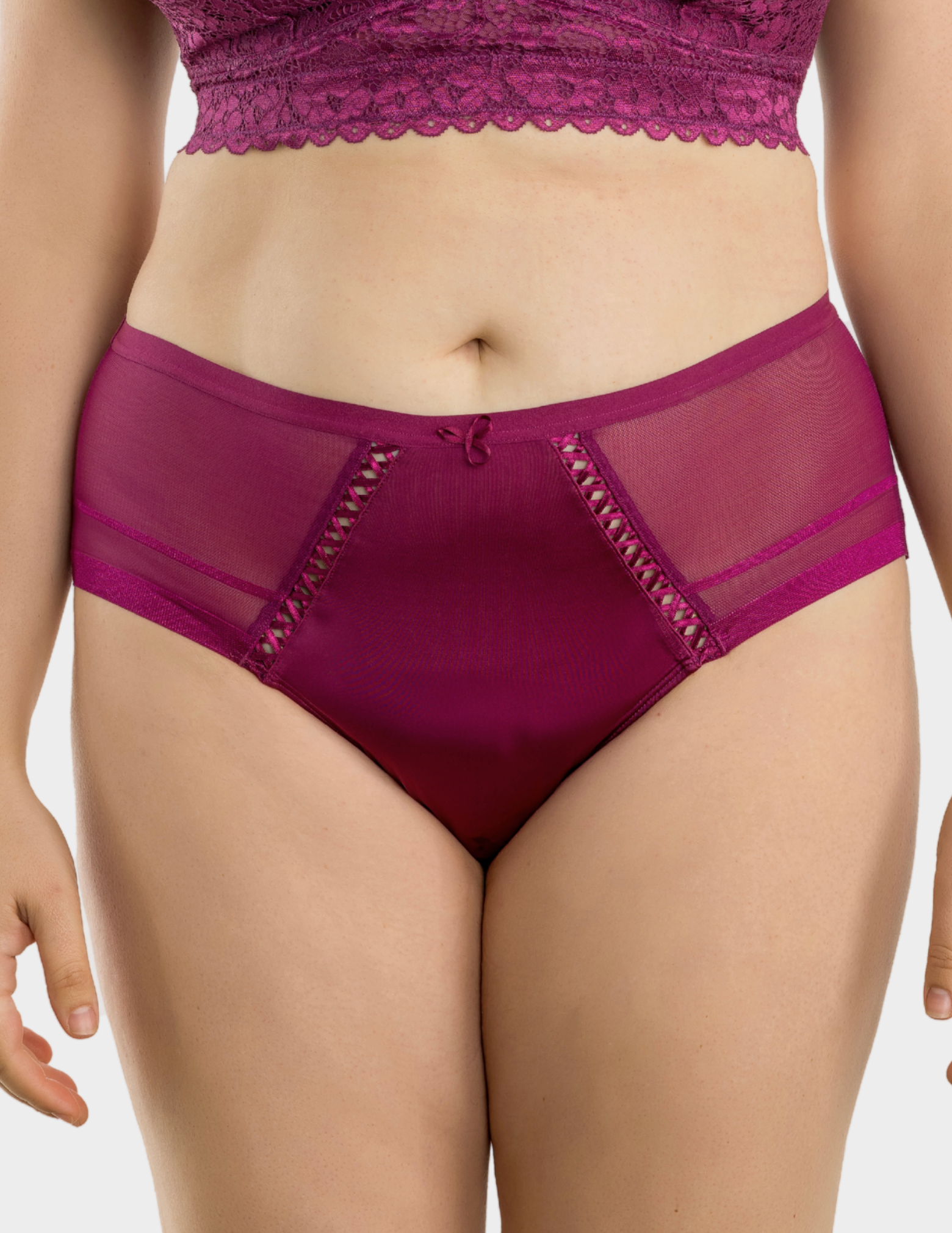 Front view of a model wearing Parfait Shea brief in blackberry