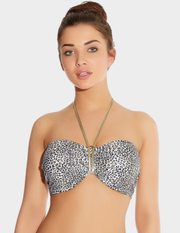 Front view of a model wearing a black and white leopard print Freya Pure Shores bikini top