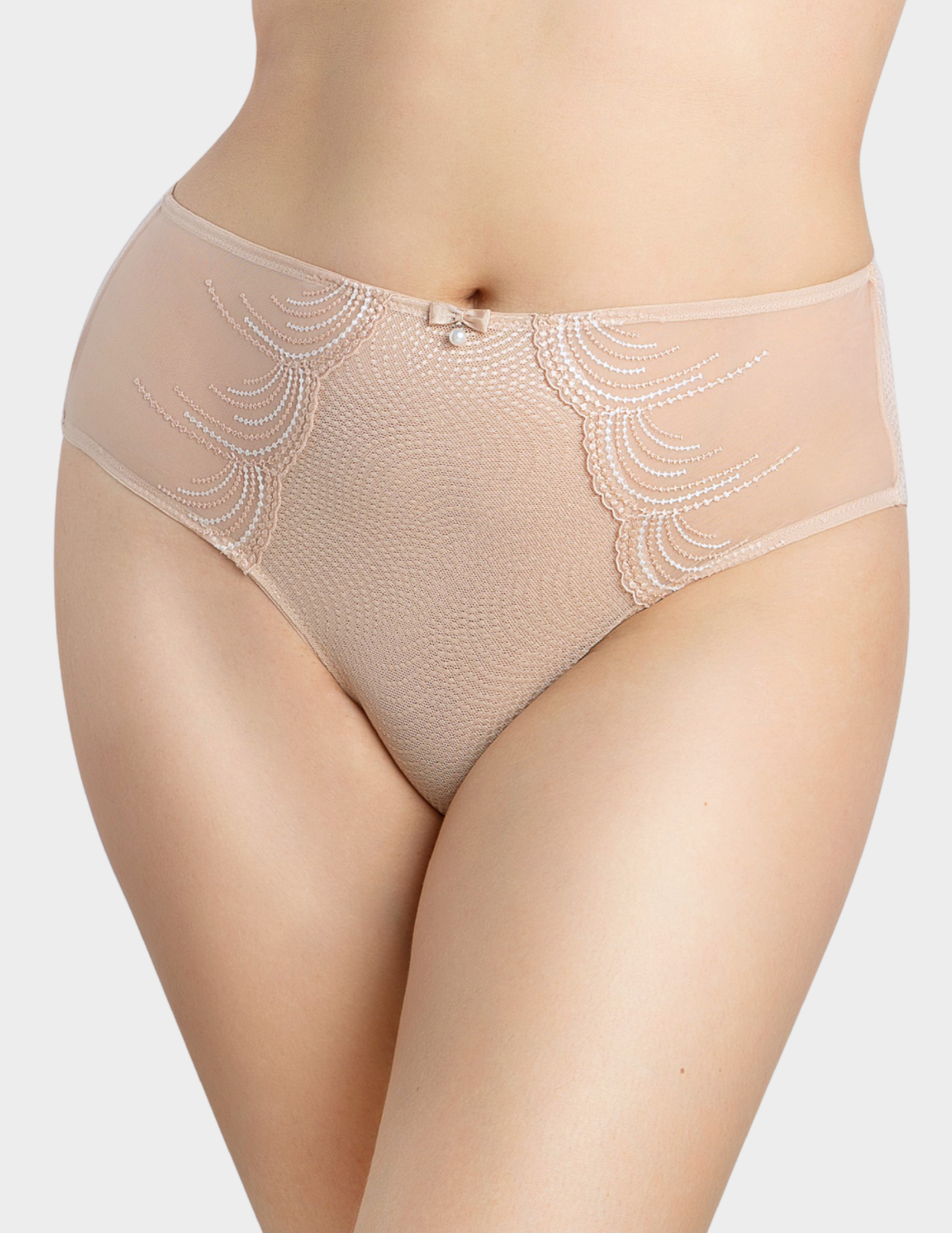 Front view of a model wearing Parfait Pearl panty in cameo rose