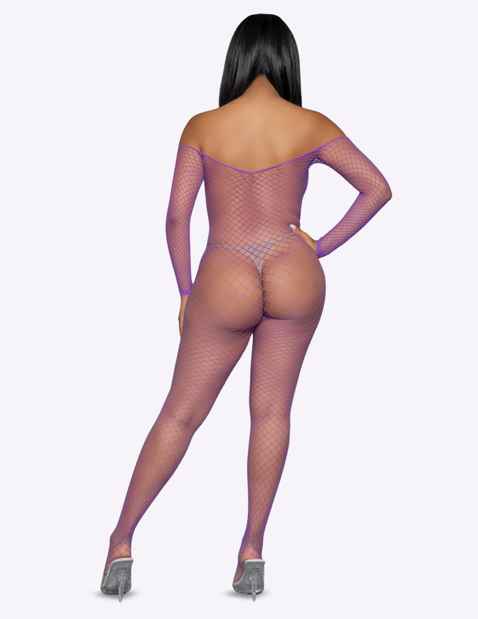 Person wearing a fishnet bodysuit on a white background