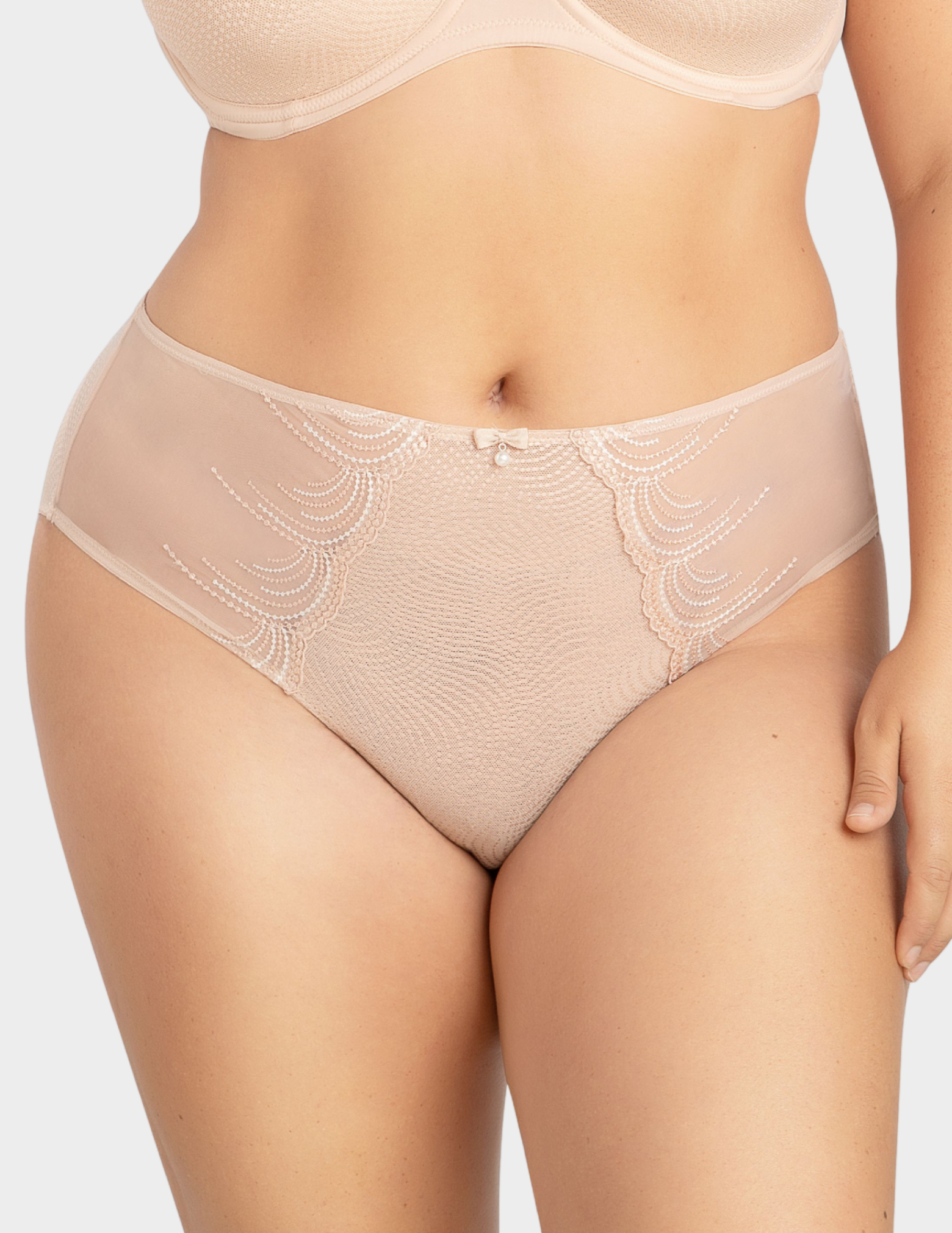 Front view of a model wearing Parfait Pearl panty in cameo rose