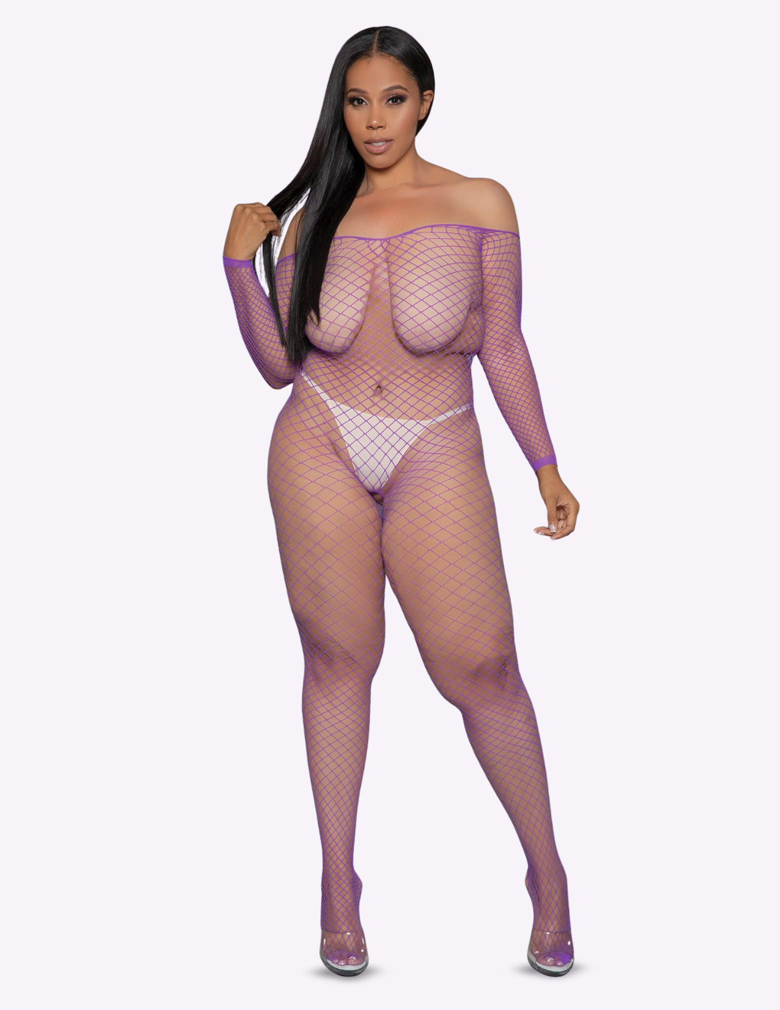 Model wearing a sheer fishnet outfit with a purple top on a white background