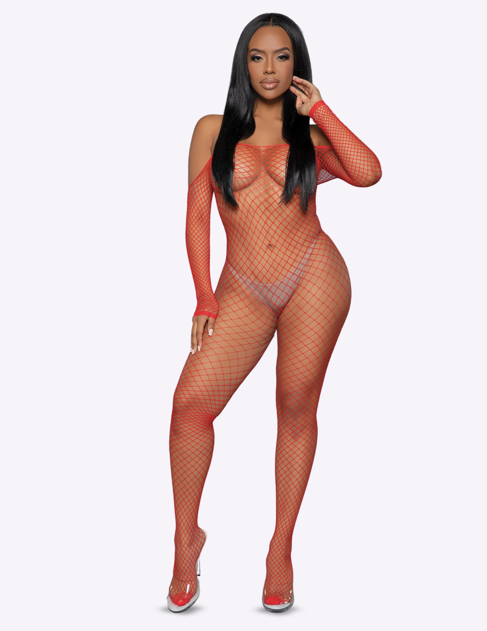 Model wearing a red fishnet bodysuit on a white background