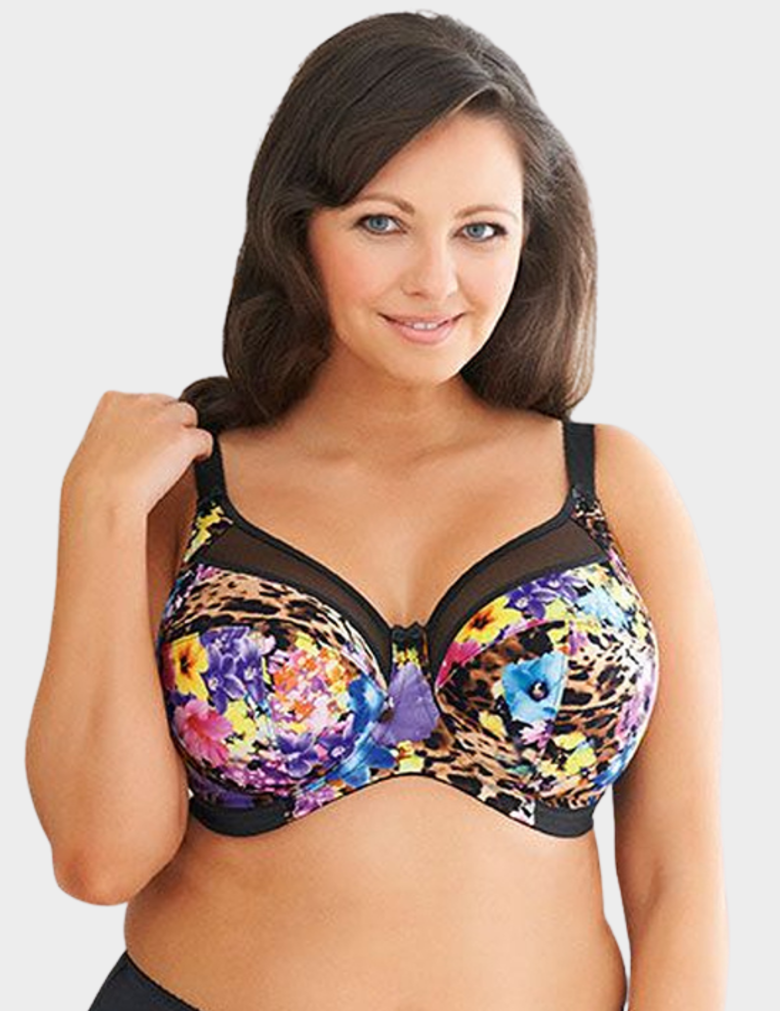 Front view of a model wearing Goddess Kayla bra in Black Tropical