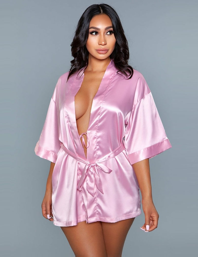 Be Wicked 1947 Rose Pink Getting Ready Satin Robe front view