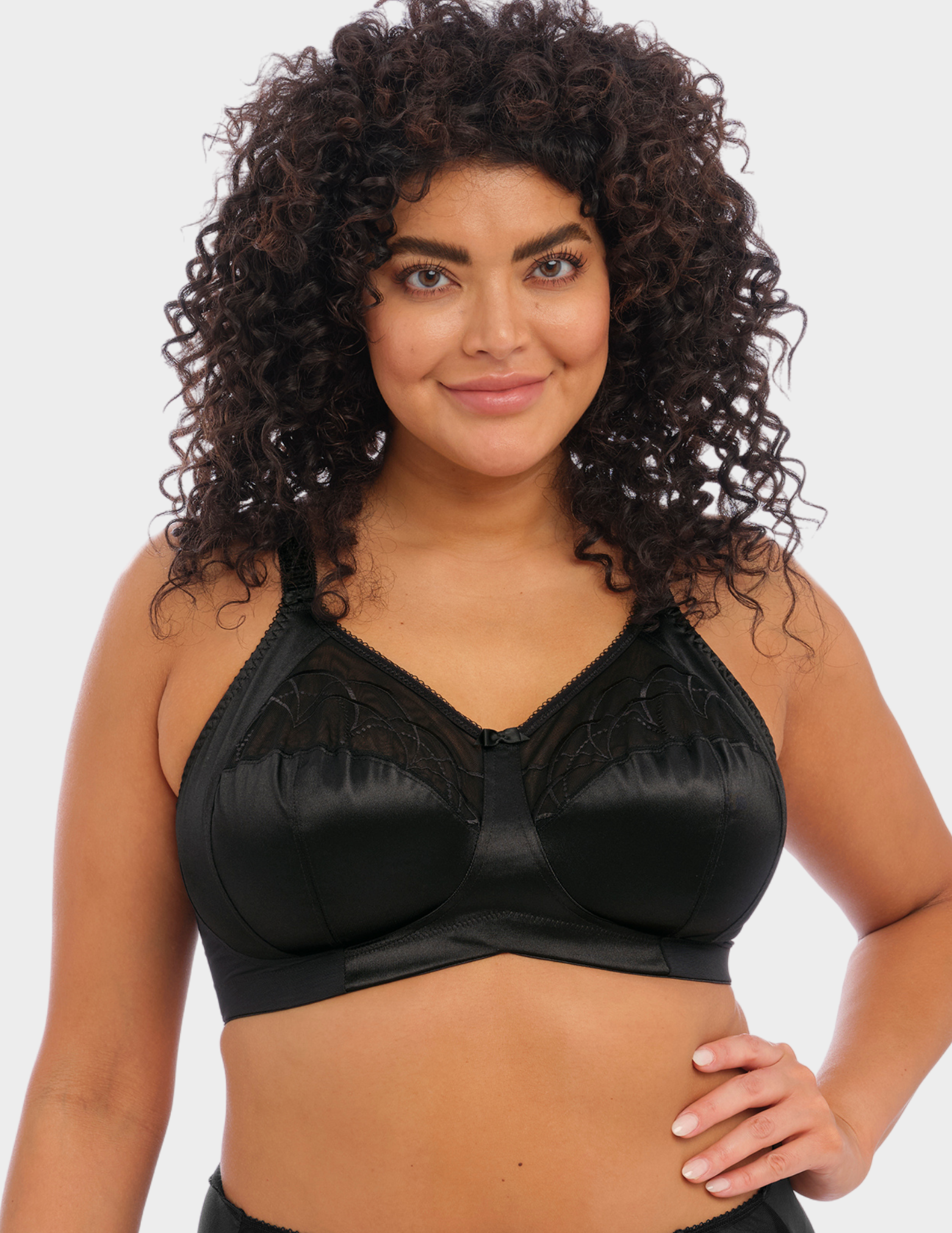 Front view of a model wearing Elomi Cate soft cup bra in black