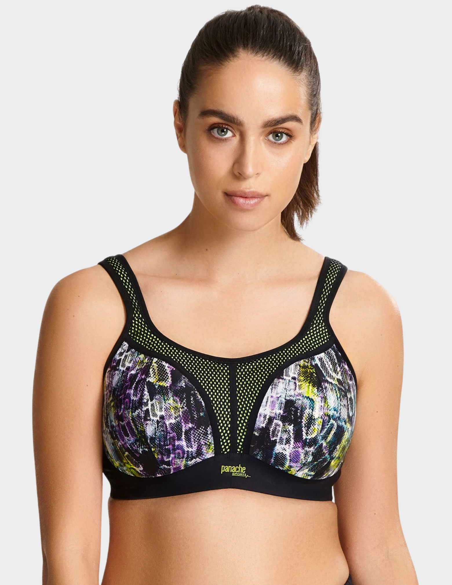 Front view of a model wearing Panache Non wired sports bra in Neon Reptile