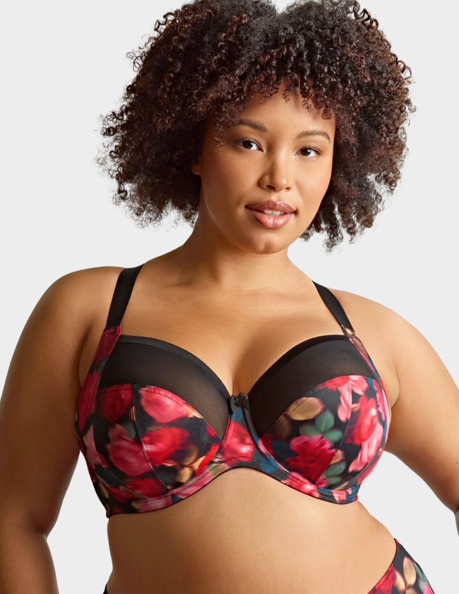 Front view of a model wearing Sculptresse Bliss bra in Rose Print