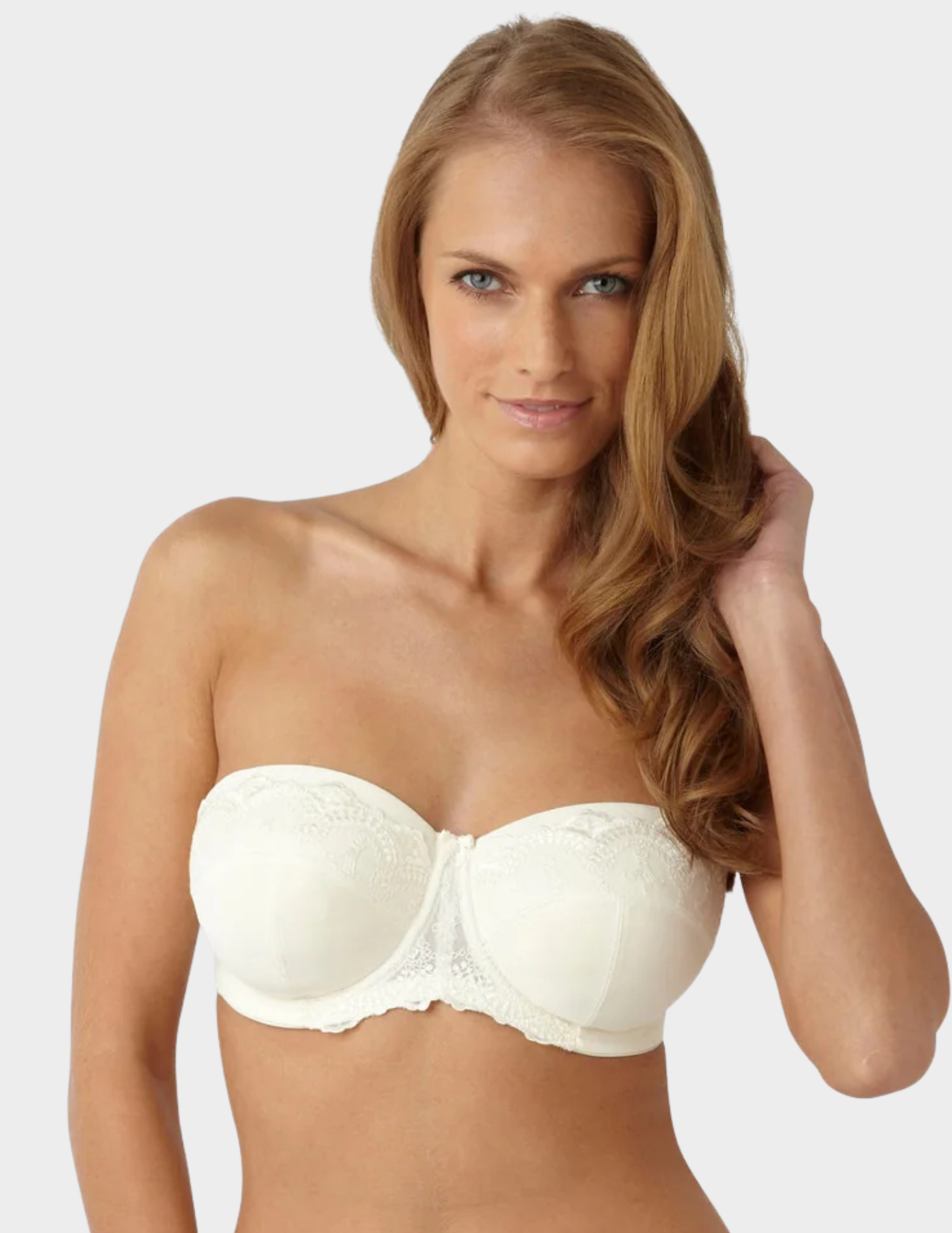Front view of a model wearing Panache Evie Bridal strapless bra in Ivory