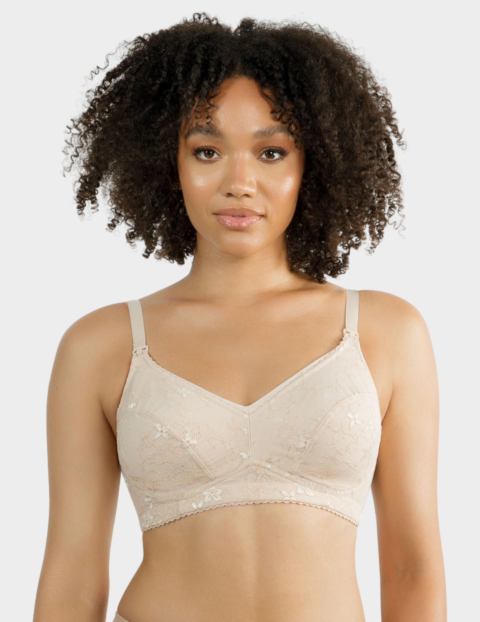 Front view of a model wearing Parfait Rain nursing bra in Porcelain