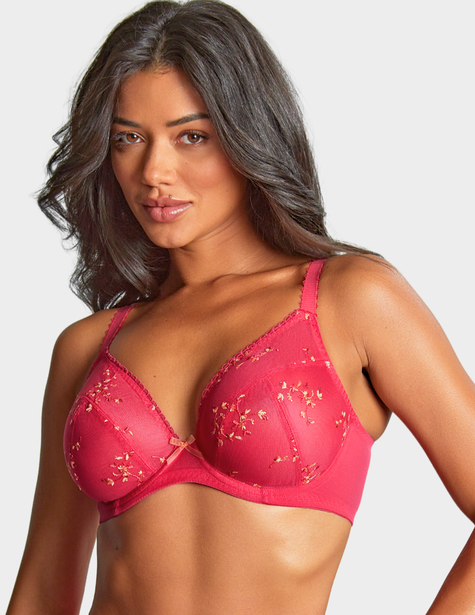 Front view of a model wearing Panache Meadow plunge bra in Raspberry