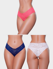 Three pairs of lace underwear in pink, blue, and white on a plain background.