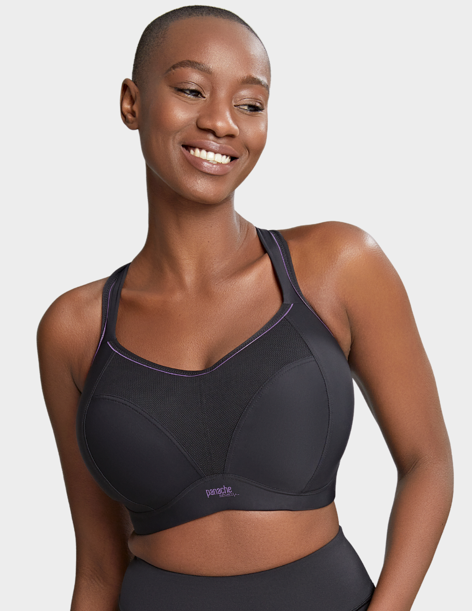 Front view of a model wearing Panache Non wired sports bra in Black