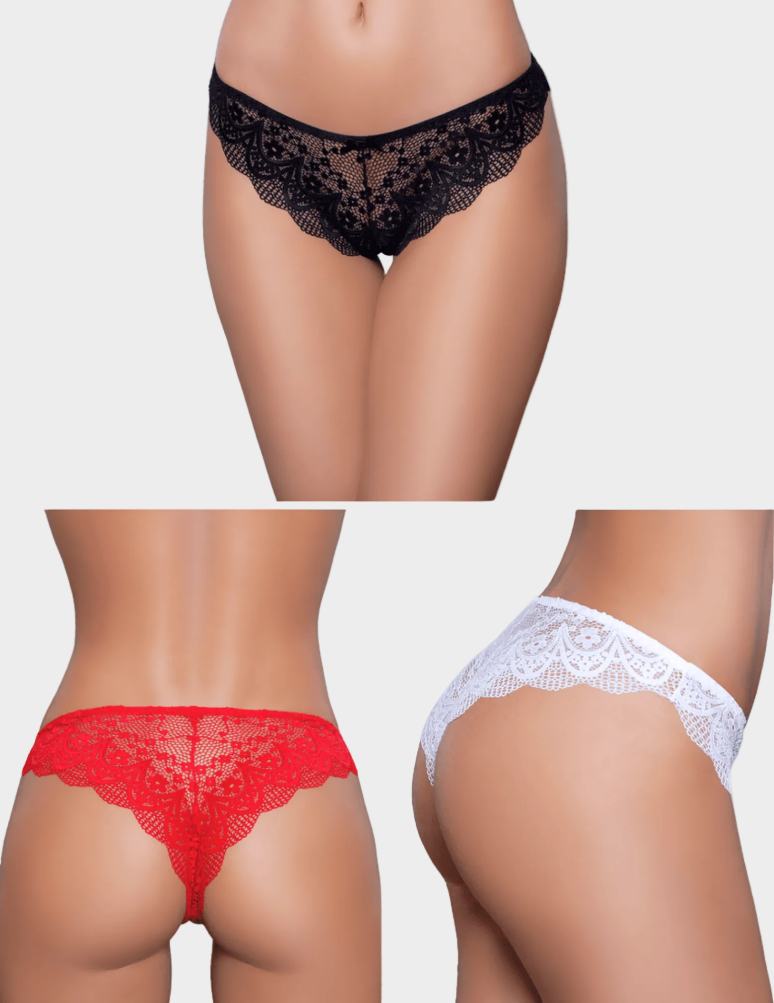 Three pairs of lace underwear in black, red, and white on a plain background.