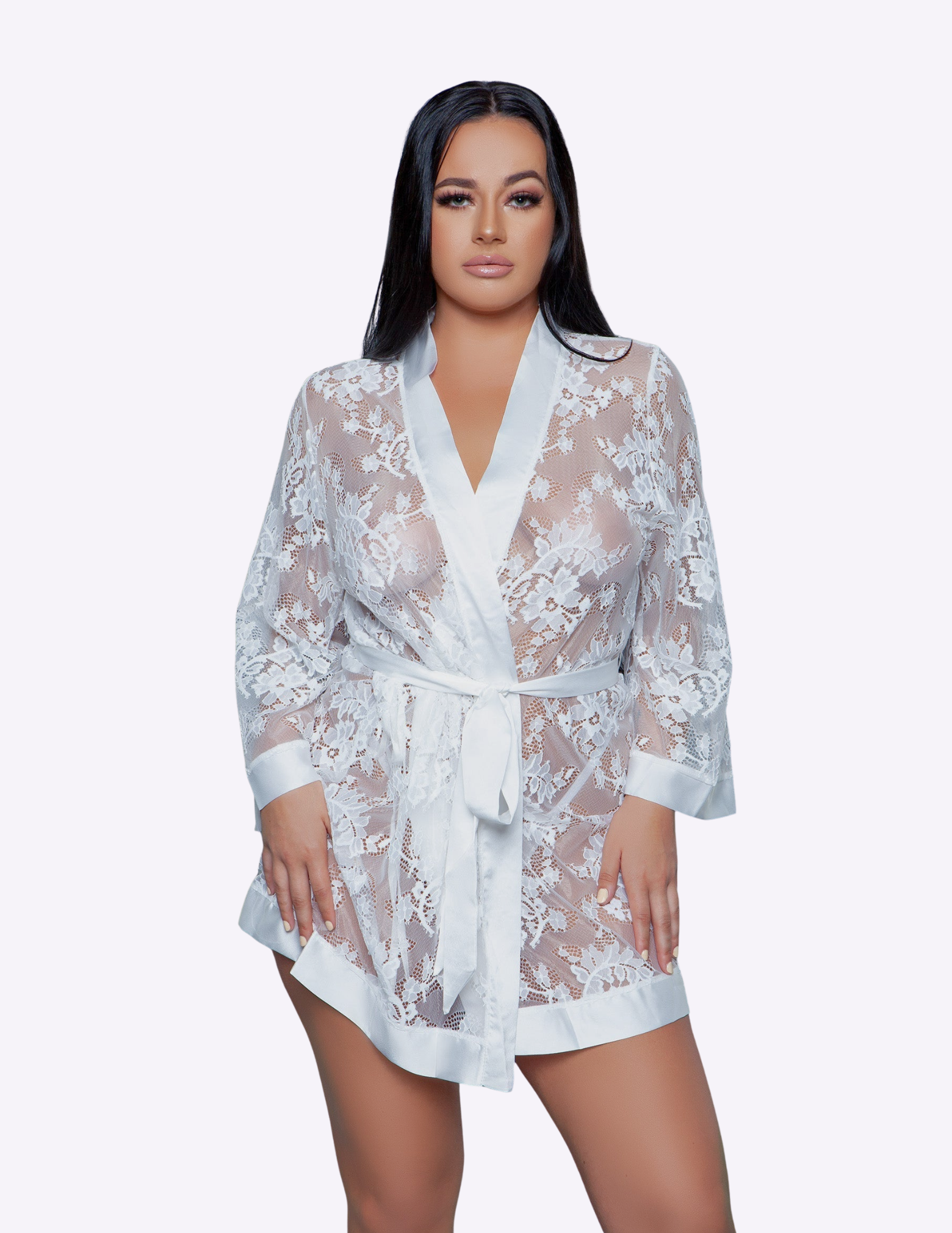 Delia Robe Floral Lace Robe with Satin Trimming