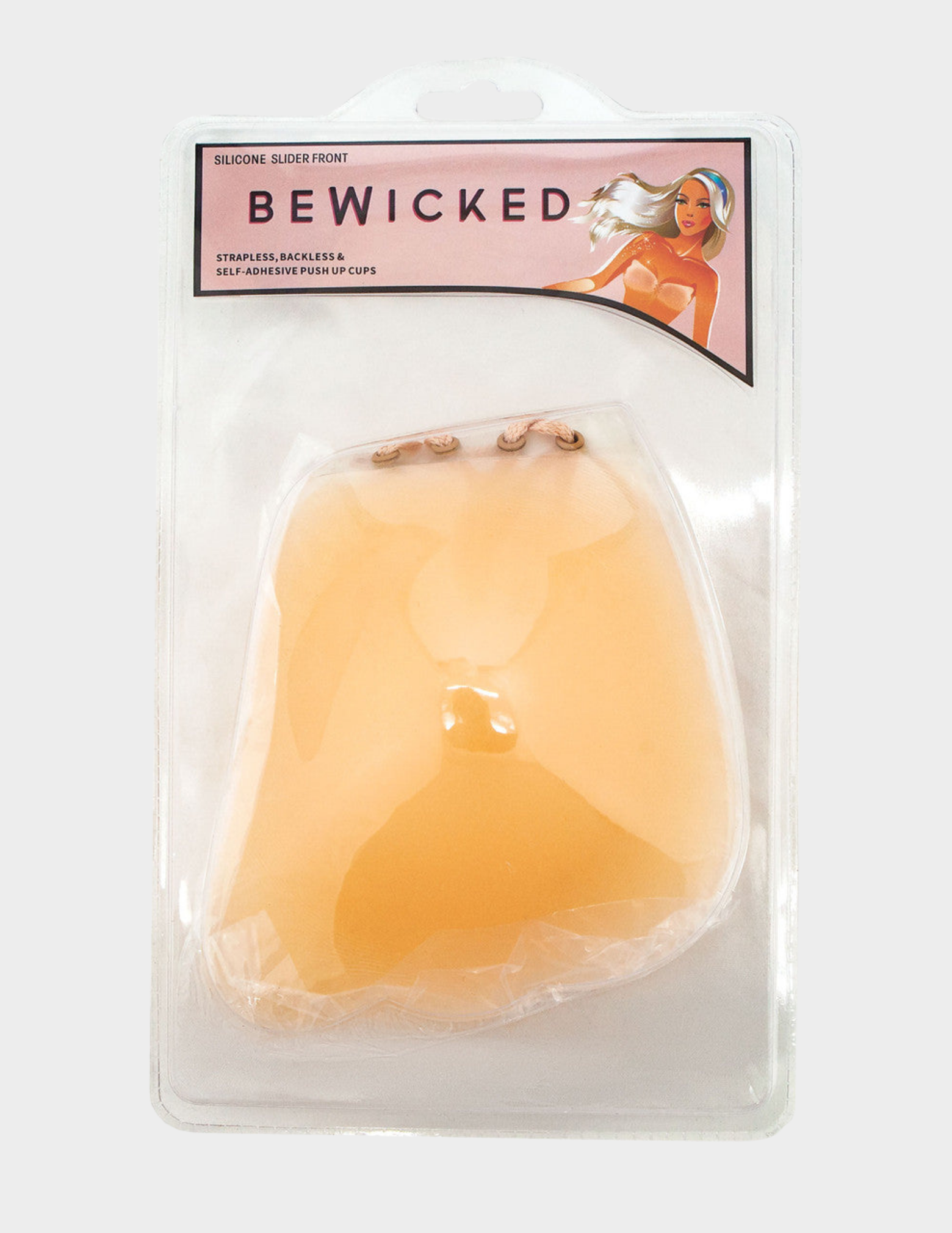 Packaged silicone adhesive bra with 'BE WICKED' branding on a white background