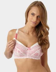 Front view of a model wearing Panache Sophie nursing bra in Ivory/Pink