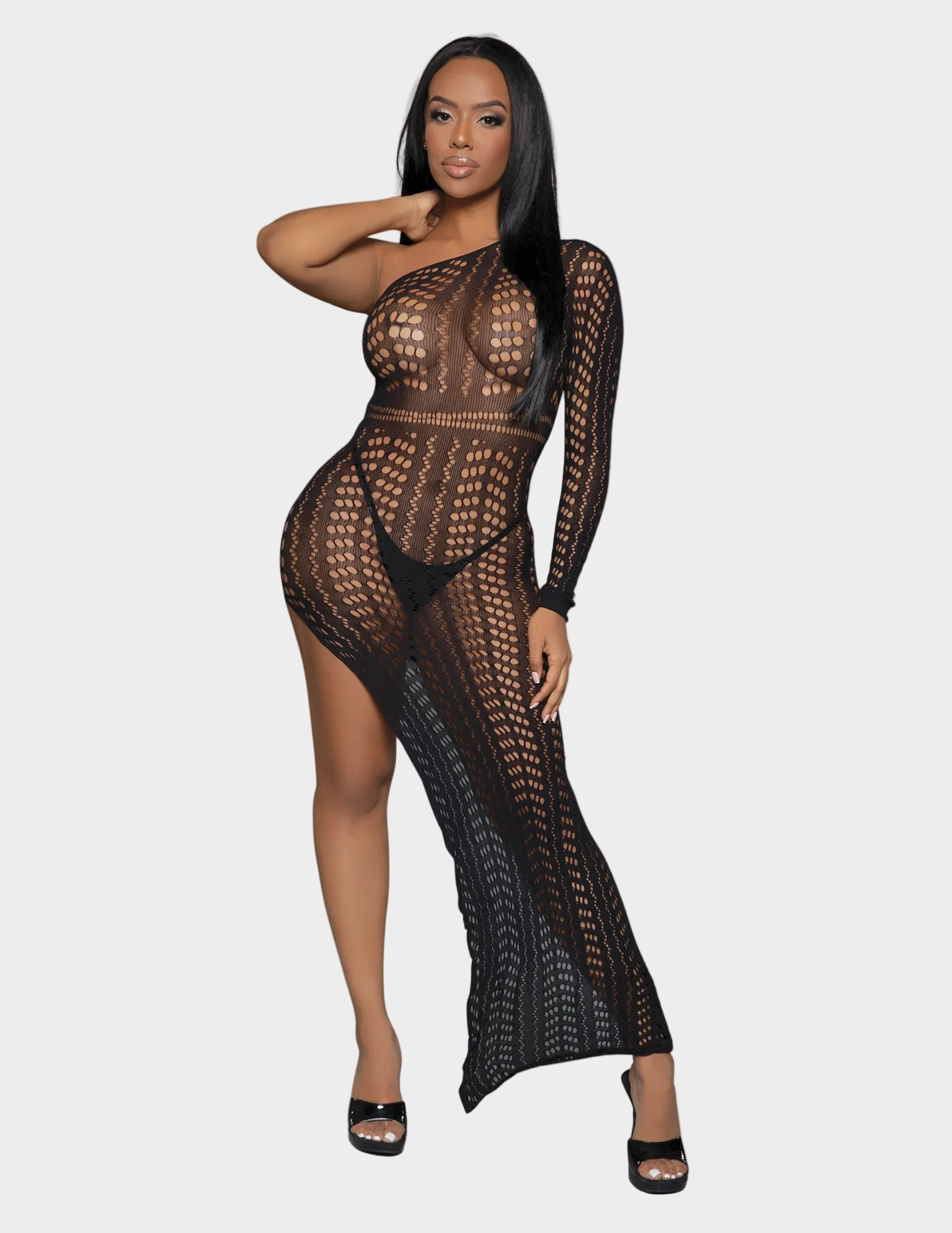 Front view of a model wearing a long black bodystocking dress
