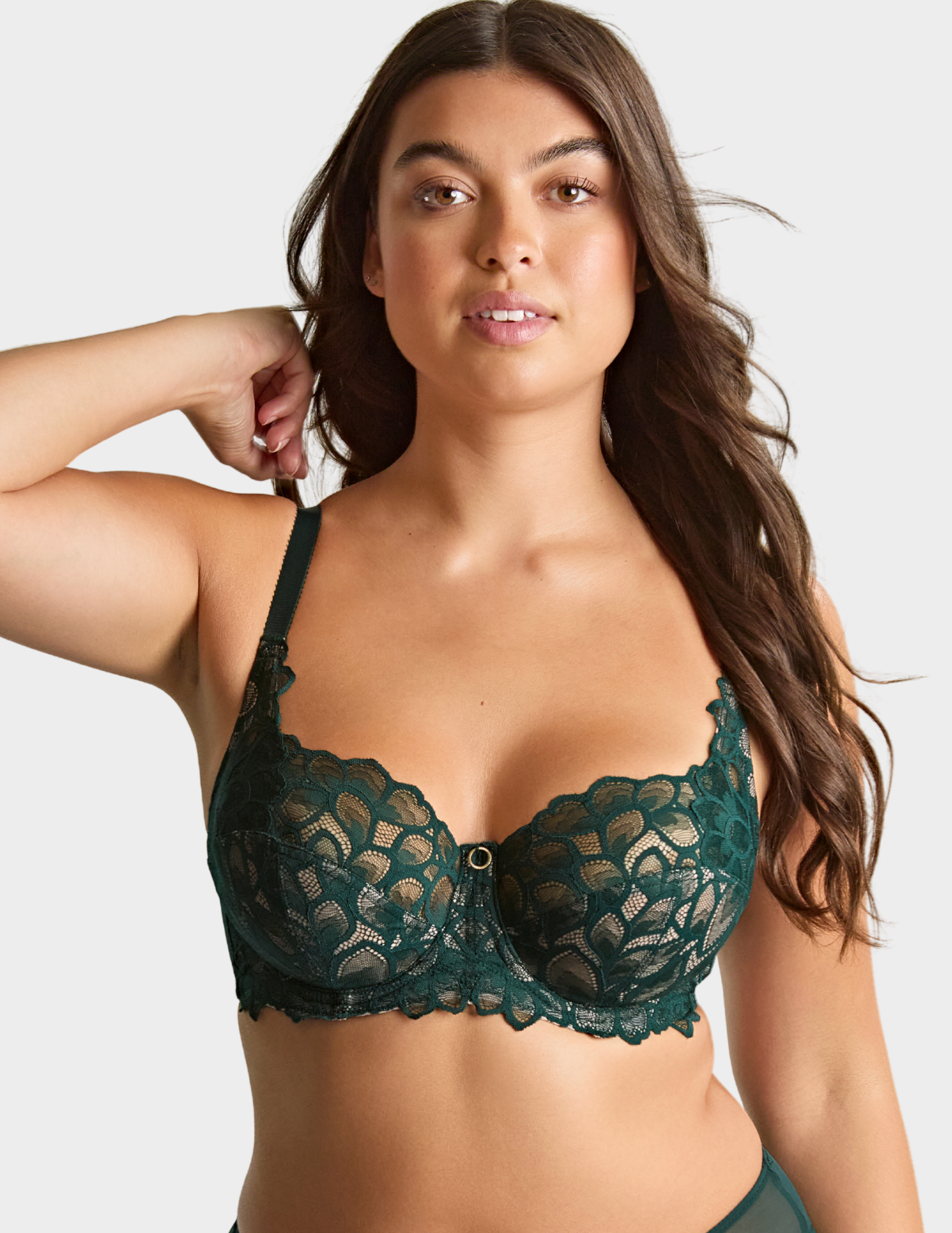 Front view of a model wearing Panache Allure bra in Forest Green