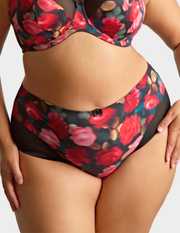 Front view of a model wearing Sculptresse Bliss brief in Rose Print