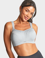 Front view of a model wearing Panache Power sports bra in Grey Marl