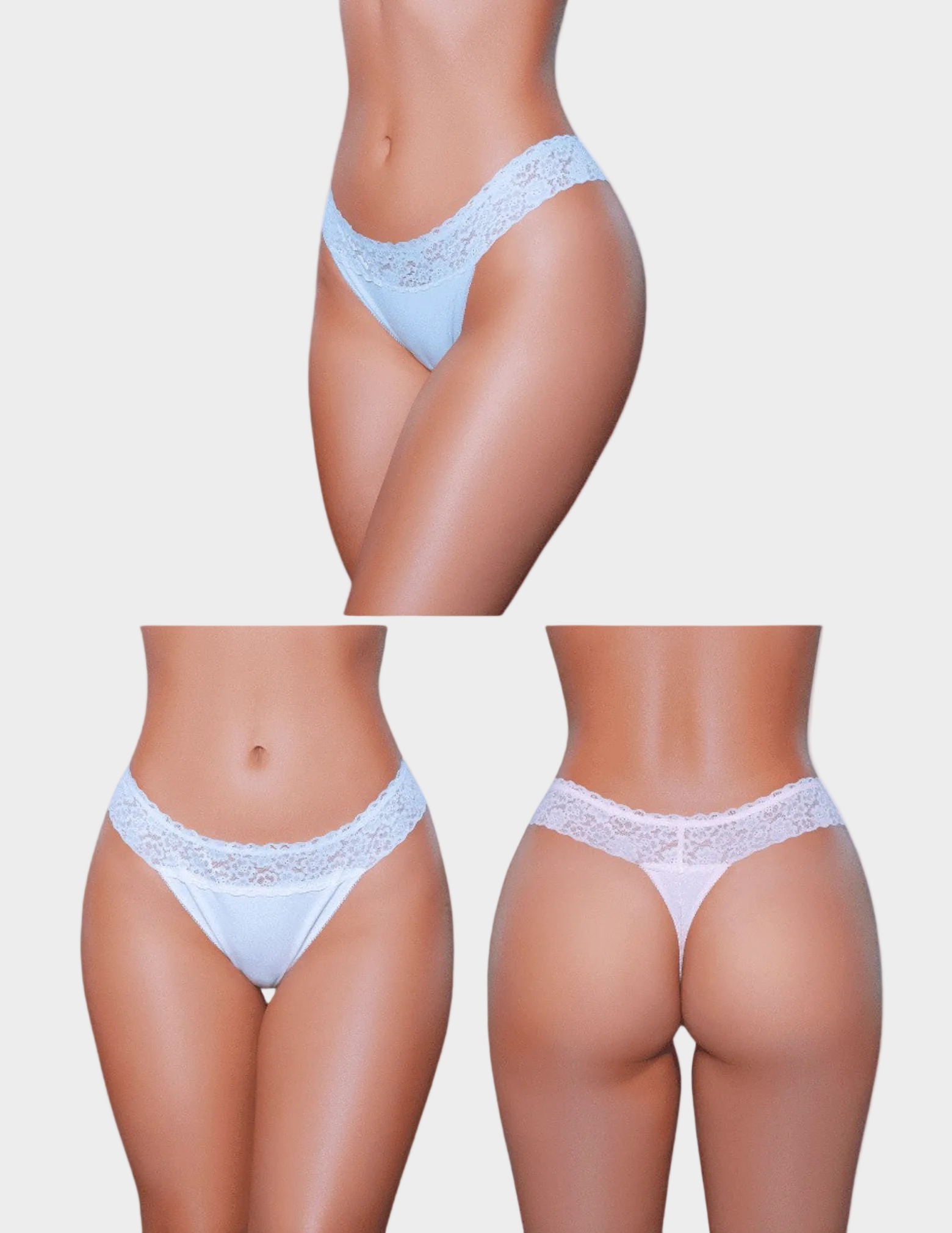 Three pairs of light blue, light pink, and white thongs on models