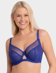 Front view of a model wearing Curvy Kate Victory bra in Electric Blue