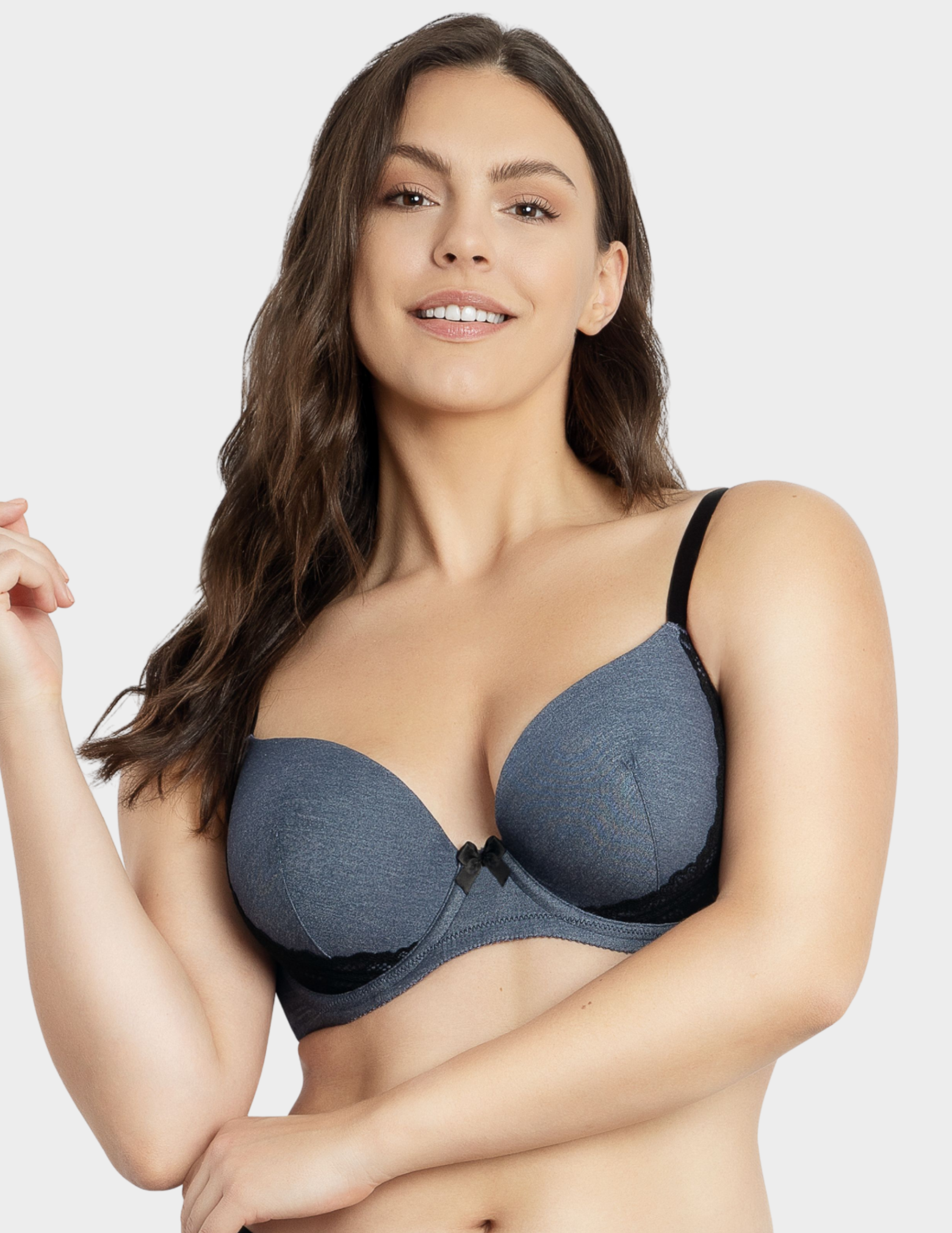 Front view of a model wearing Parfait Casey plunge bra in Dark Denim