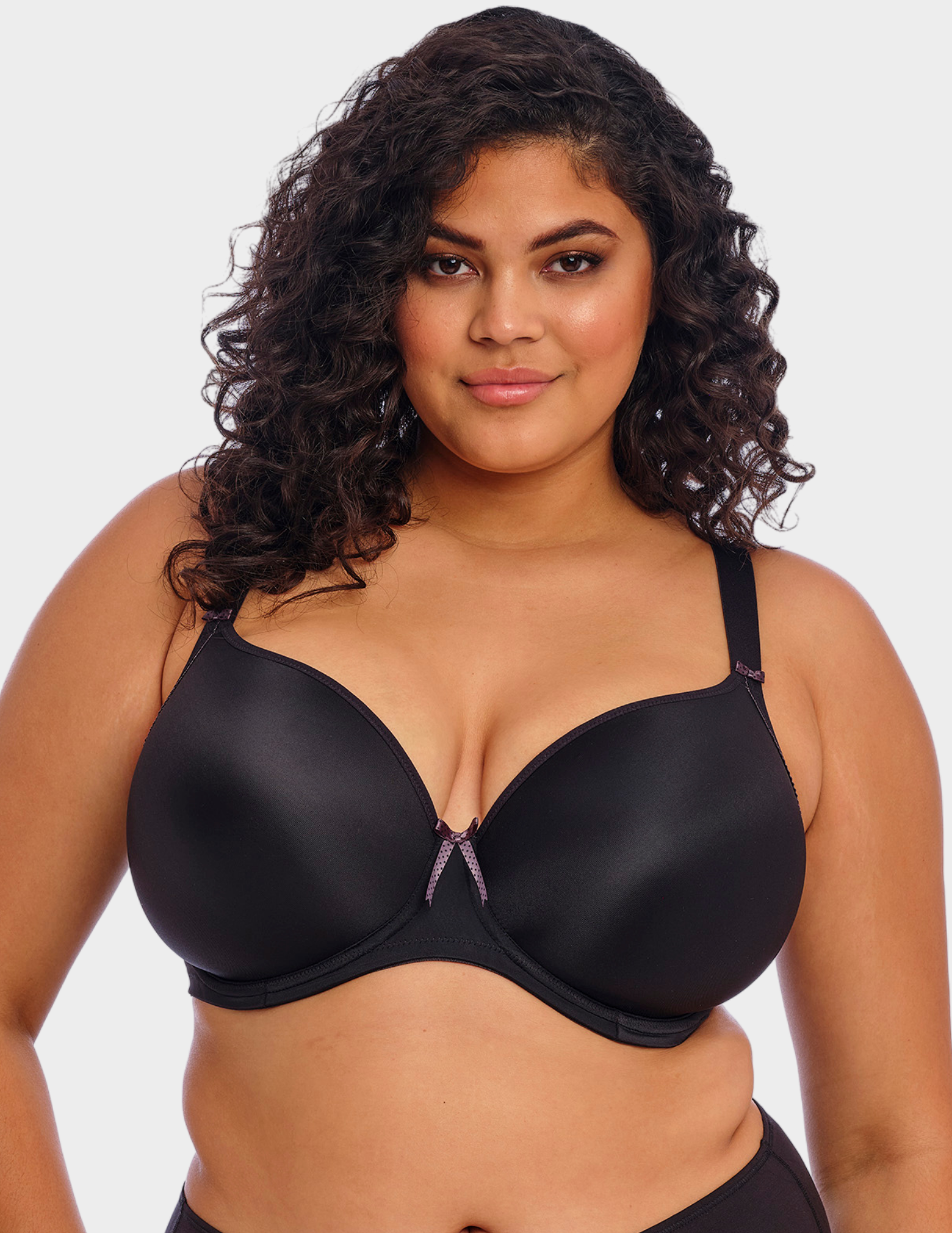 Front view of a model wearing Elomi Bijou plunge bra in black