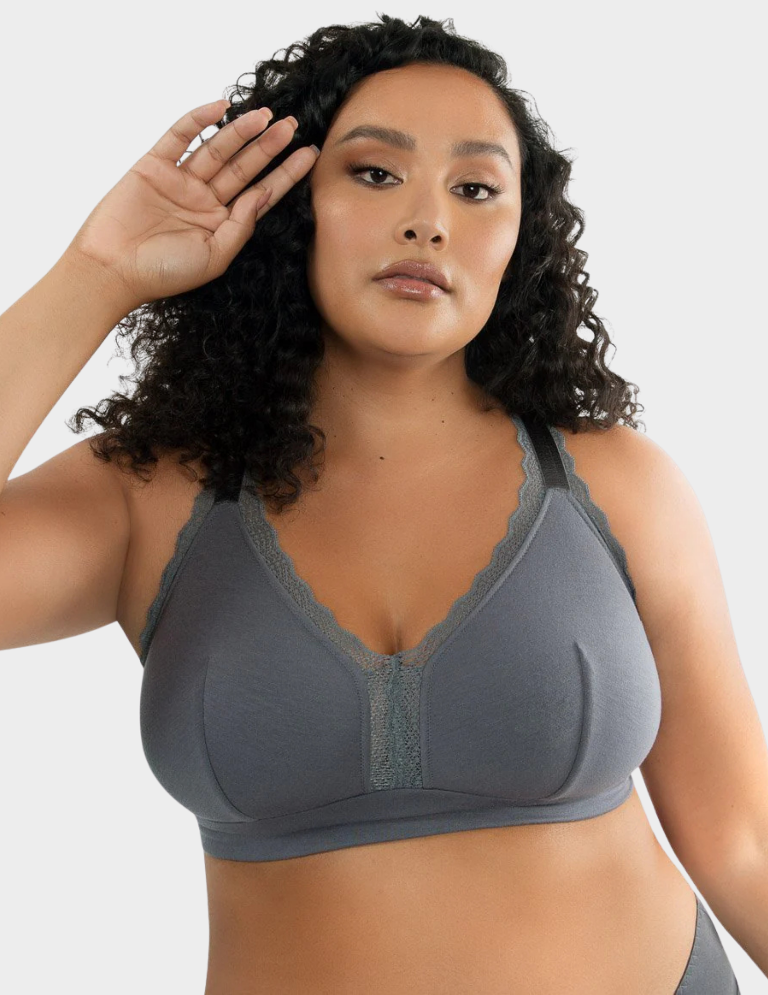 Front view of a model wearing Parfait Dalis bralette in Charcoal