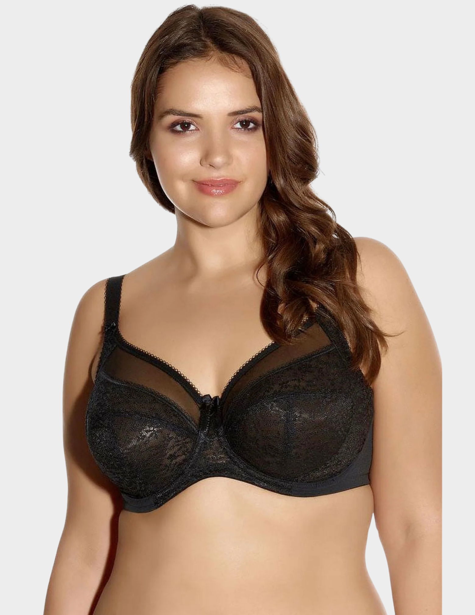 Front view of a model wearing Goddess Adelaide bra in black