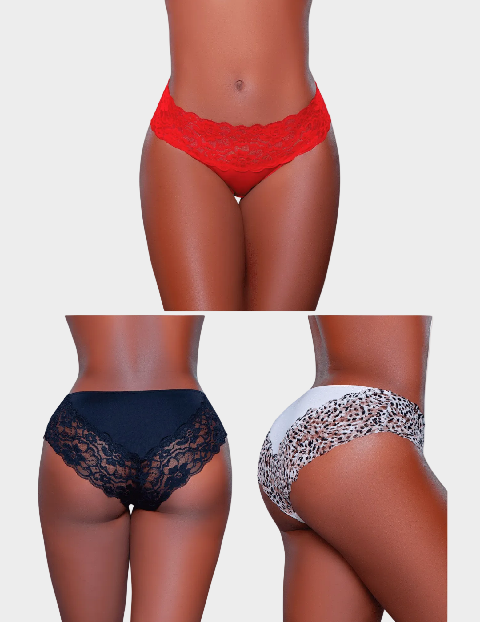 Models wearing three pairs of lace underwear in red, black, and leopard print on a white background