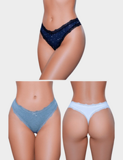 Three pairs of women's underwear in different colors on a plain background