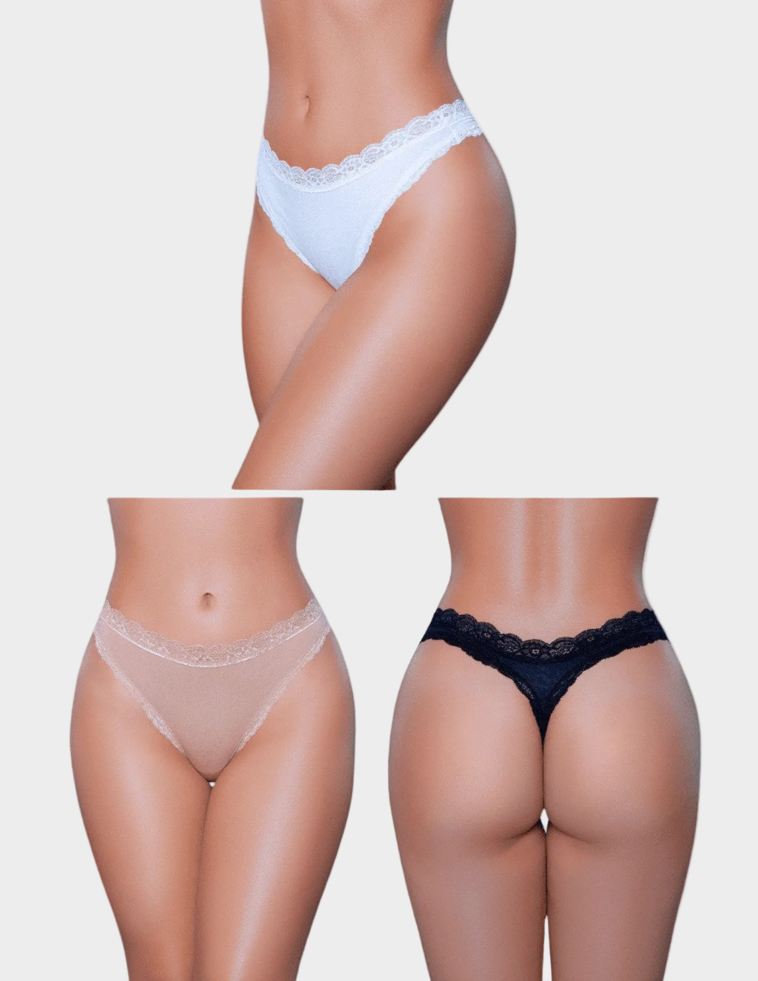 Three pairs of women's underwear displayed on a white background