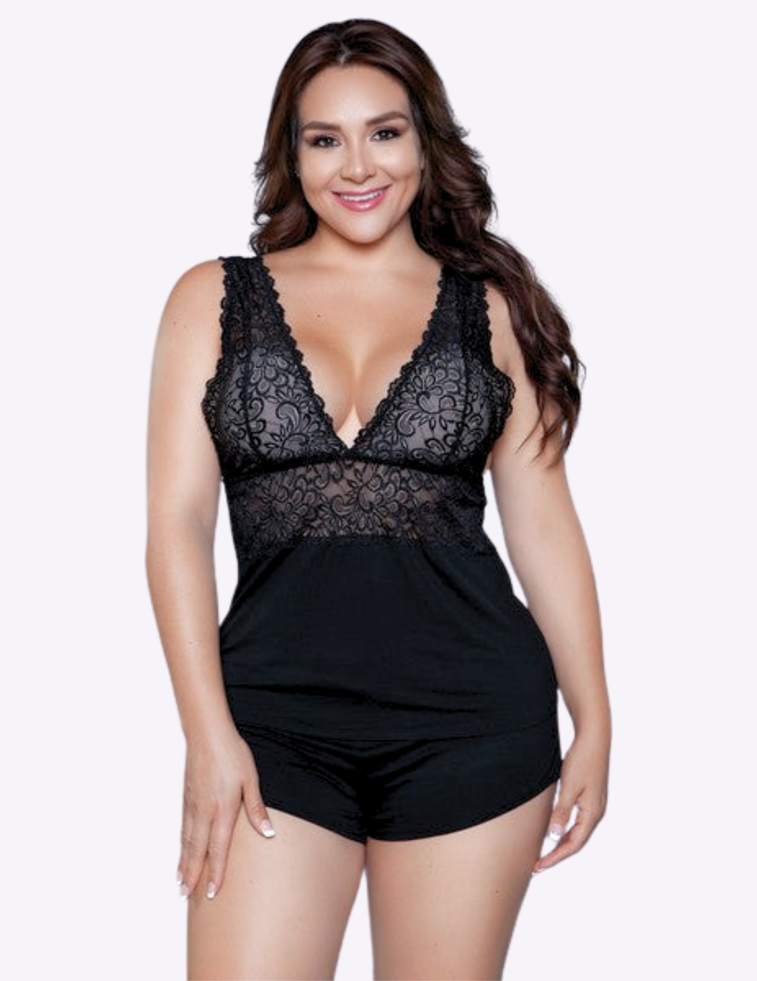 Orian 2 Piece Lace Plunging Neckline PJ Set