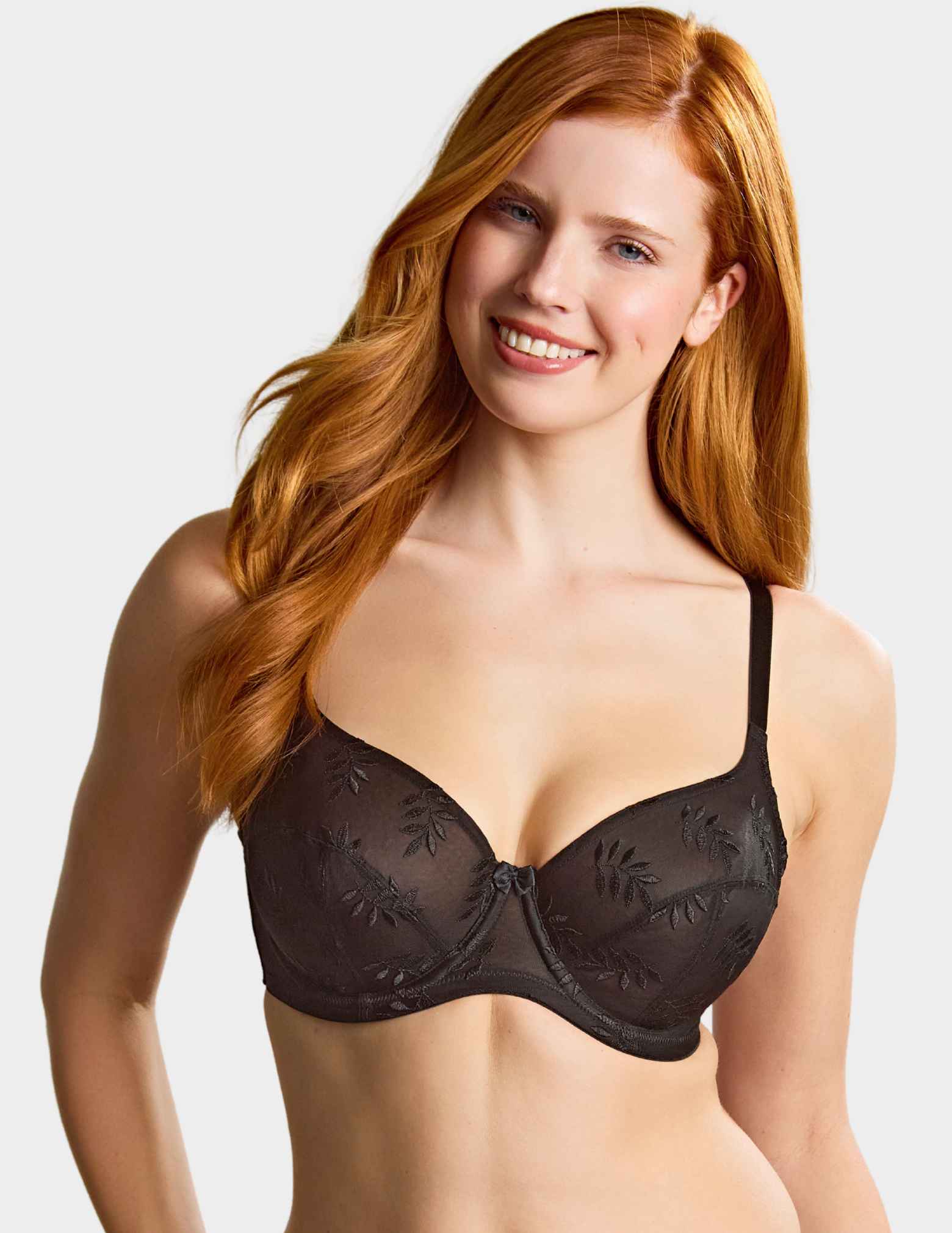 Front view of a model wearing Panache Tango balconette bra in black